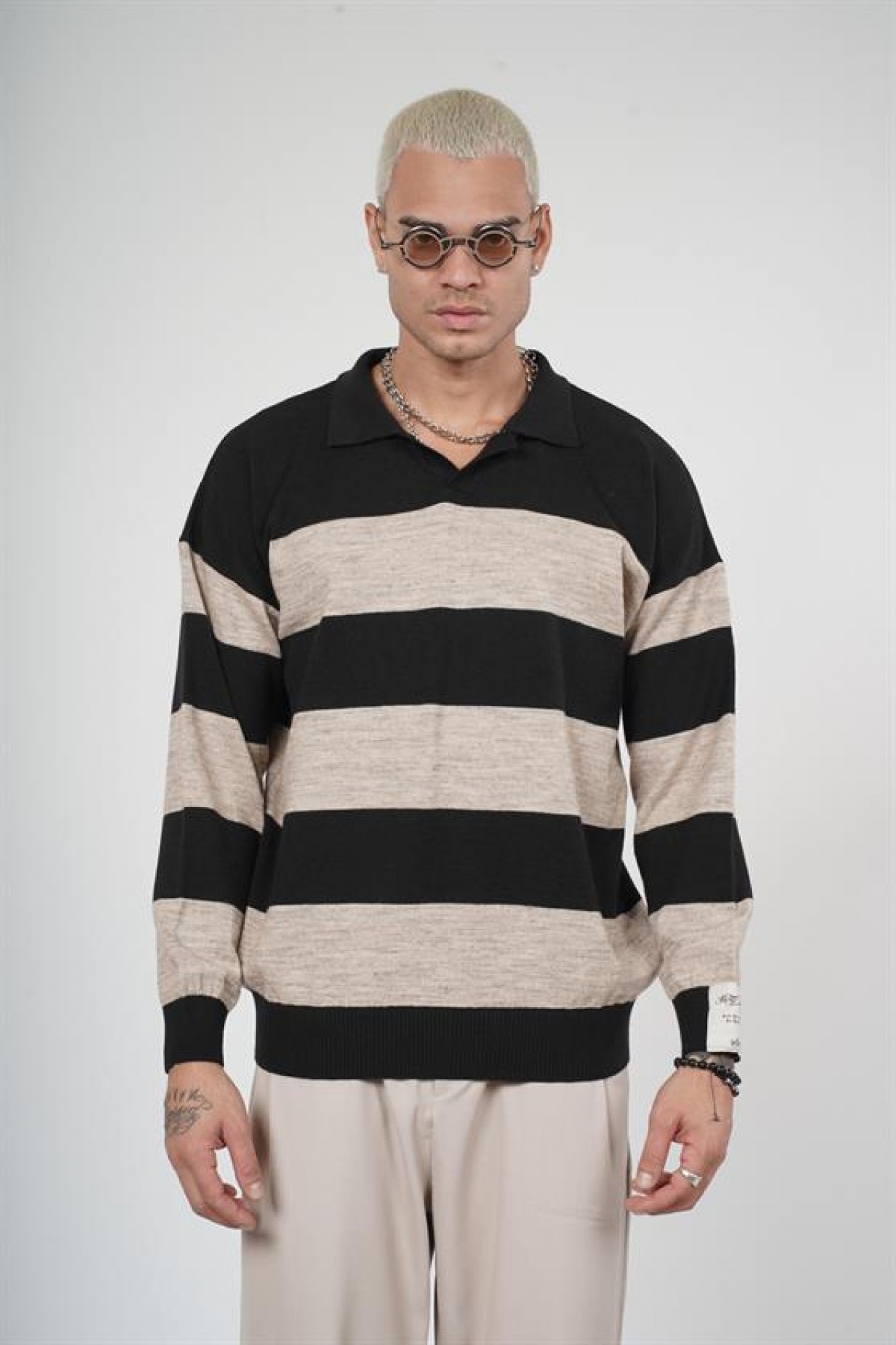 Polo Yaka Çizgili Erkek Oversize Kalıp Kazak S