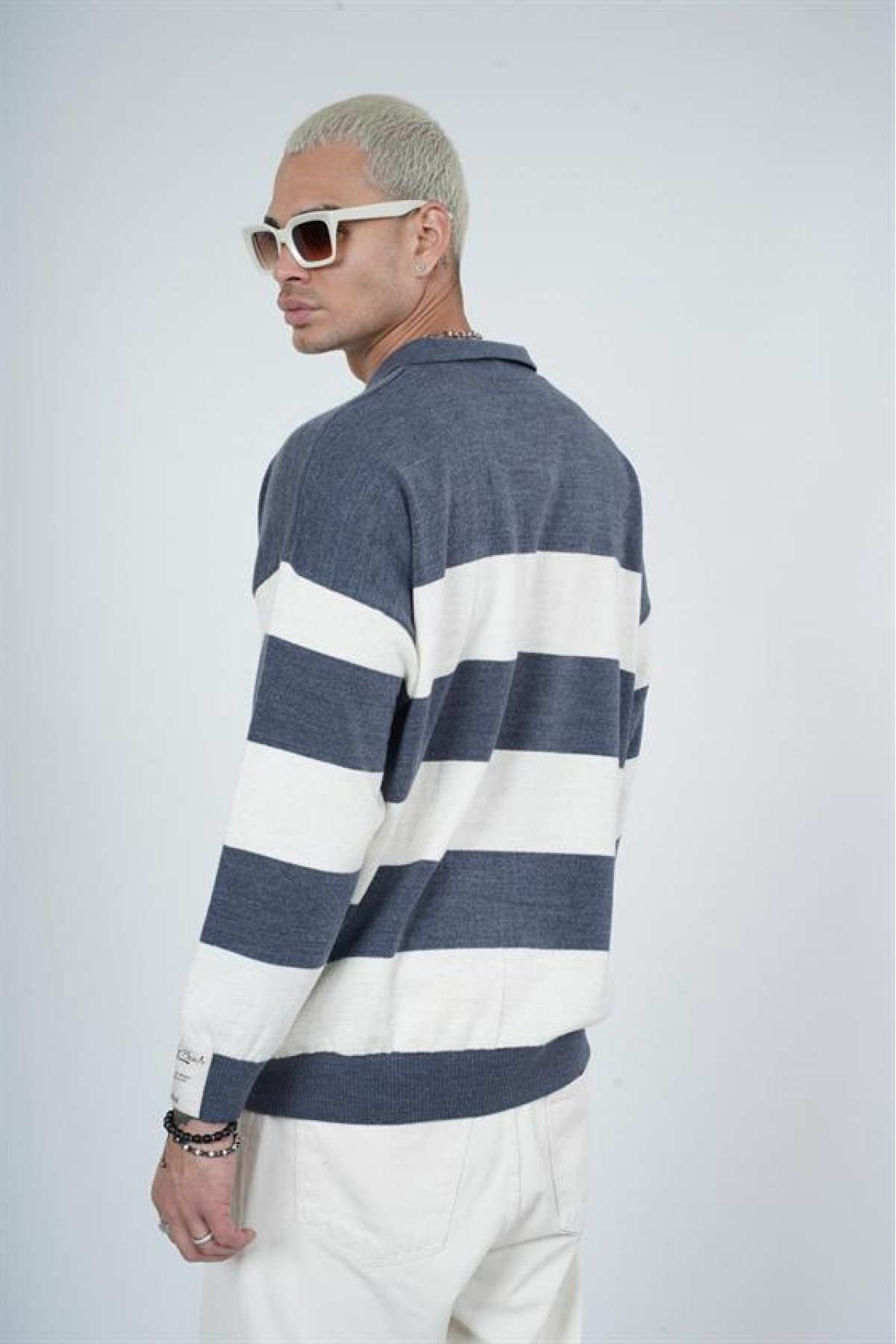 Polo Yaka Çizgili Erkek Oversize Kalıp Kazak S