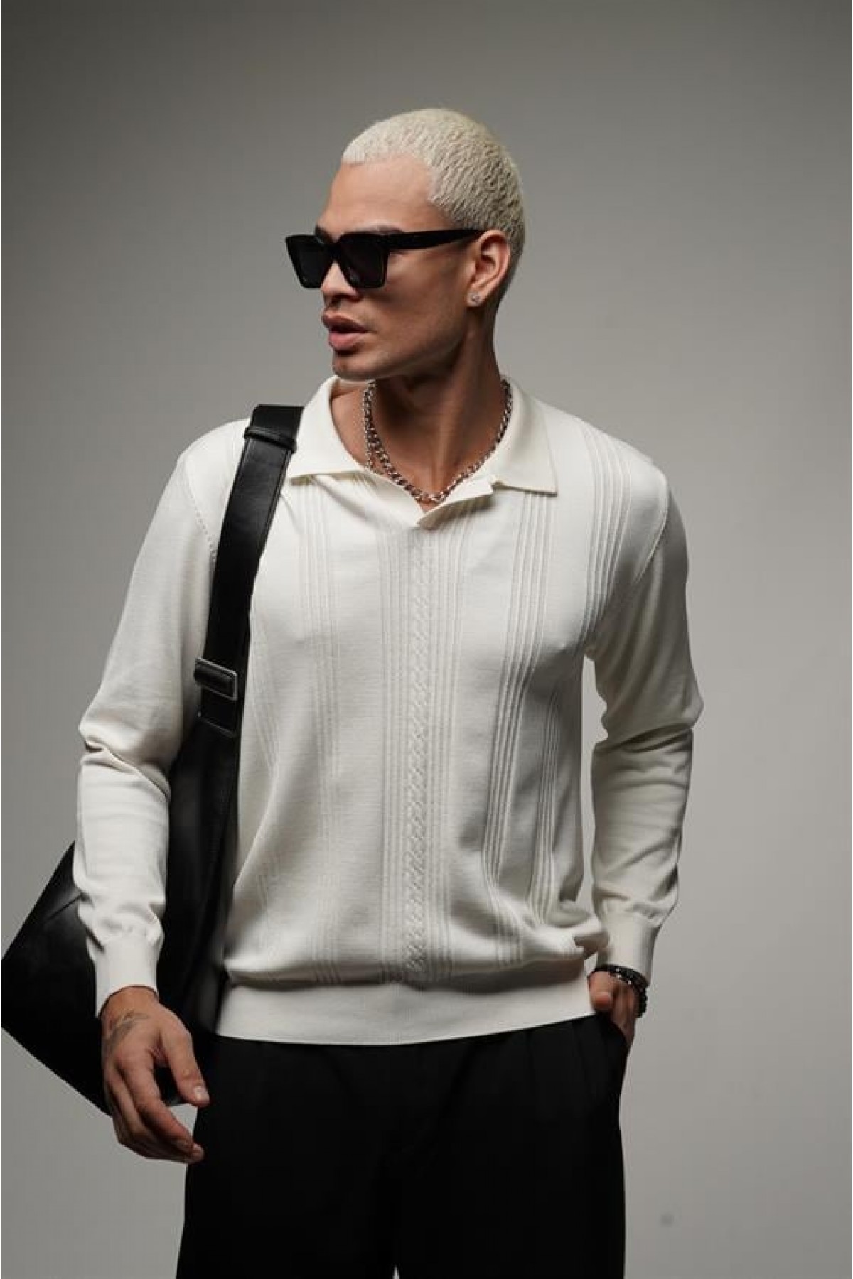 Polo Yaka Saç Örgülü Regular Kalıp Erkek Kazak S