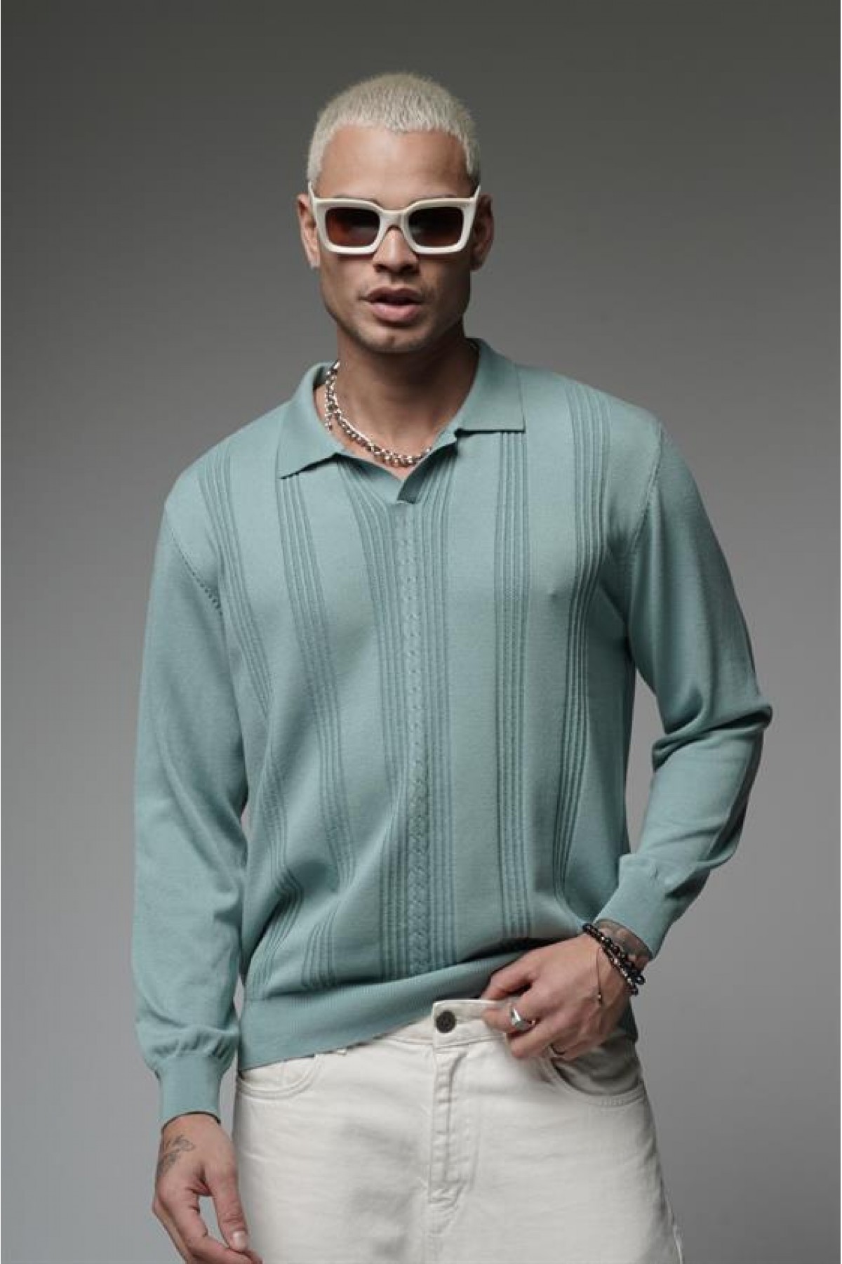 Polo Yaka Saç Örgülü Regular Kalıp Erkek Kazak S