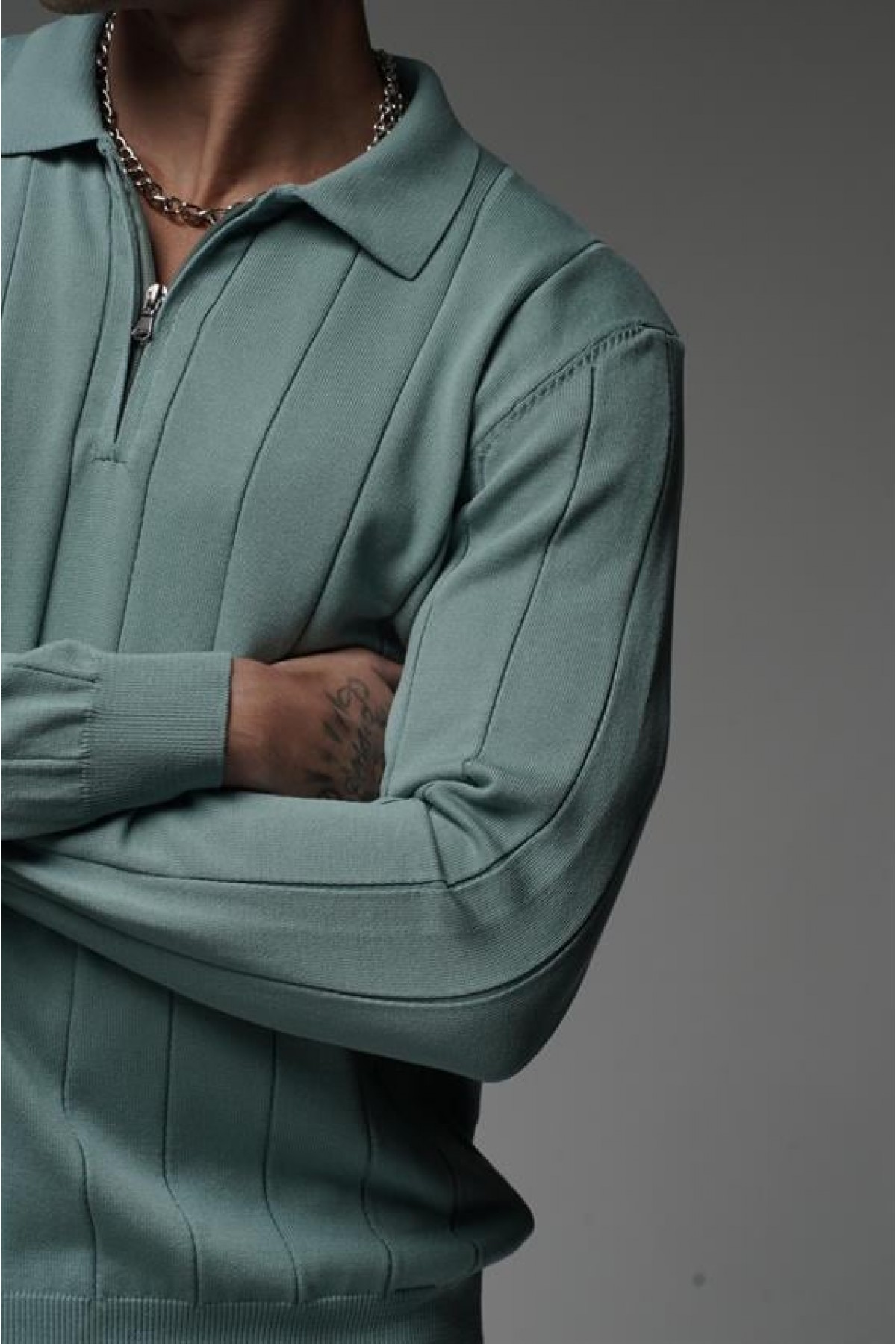 Polo Yaka Yarım Fermuarlı Esnek Triko Kazak S