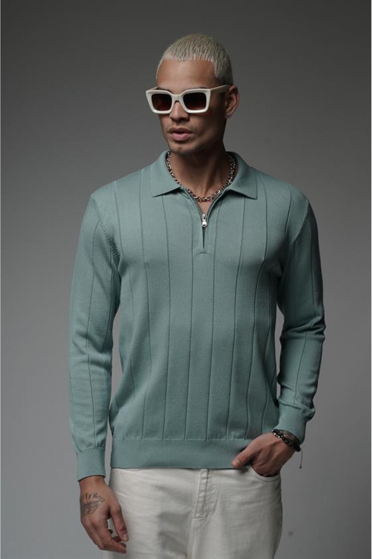 Polo Yaka Yarım Fermuarlı Esnek Triko Kazak S