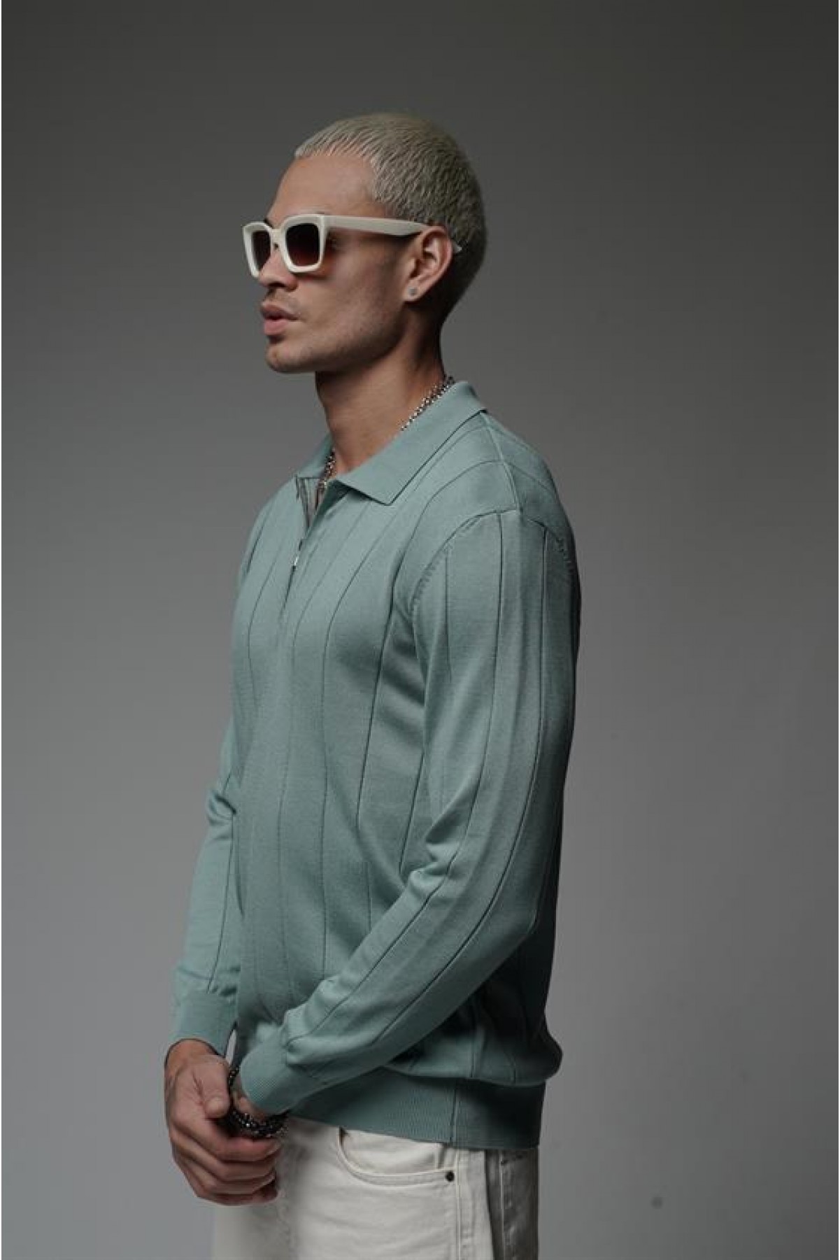 Polo Yaka Yarım Fermuarlı Esnek Triko Kazak S