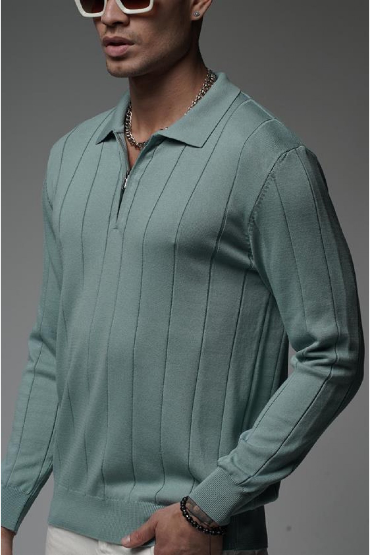 Polo Yaka Yarım Fermuarlı Esnek Triko Kazak S