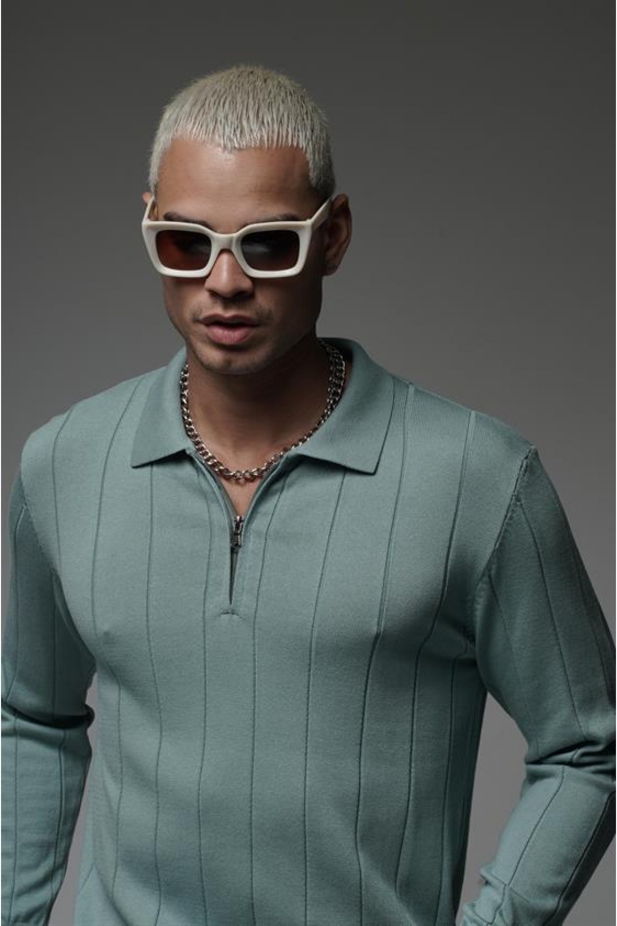 Polo Yaka Yarım Fermuarlı Esnek Triko Kazak S