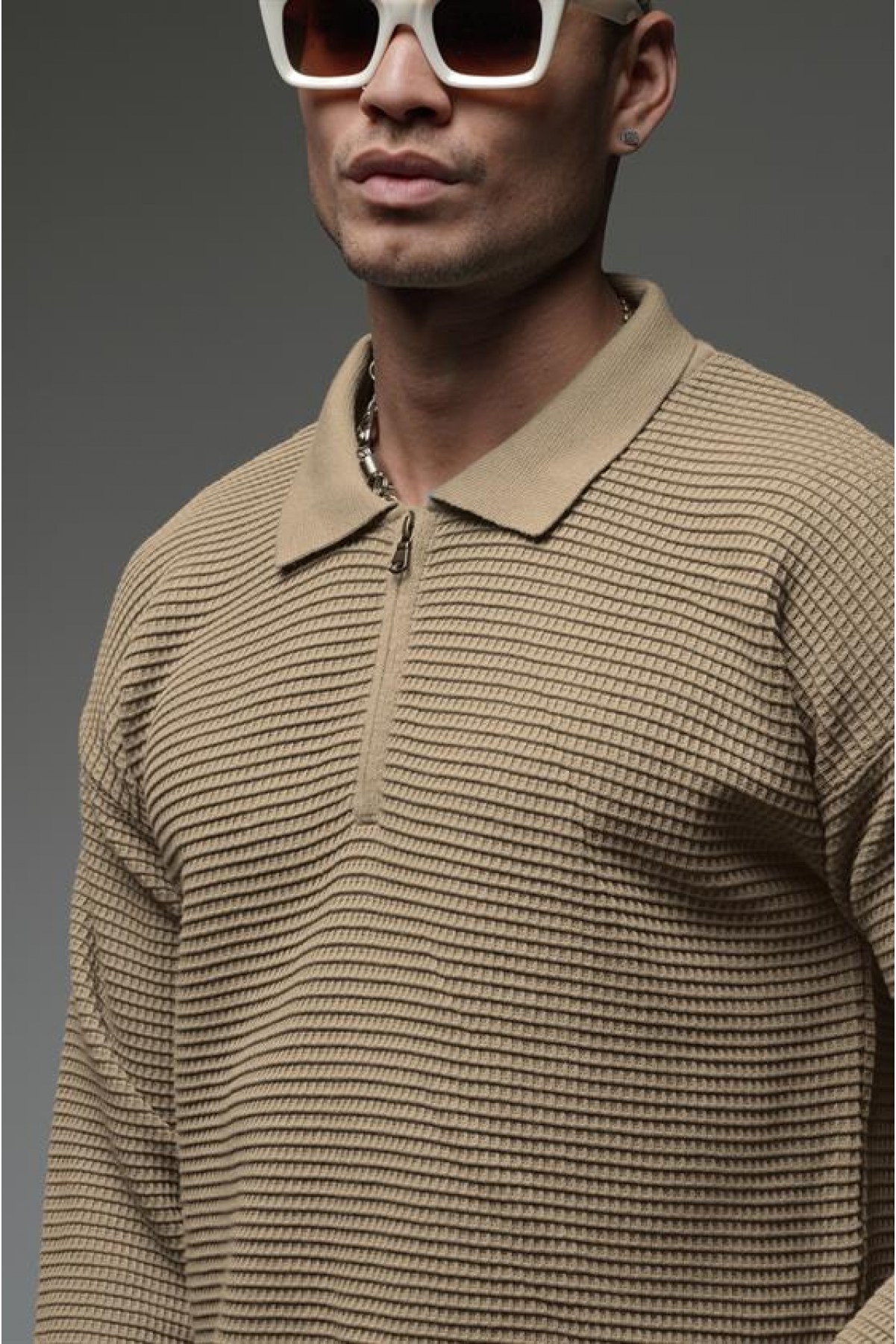 Polo Yaka Yarım Fermuarlı Oversize Kalıp Triko Kazak S