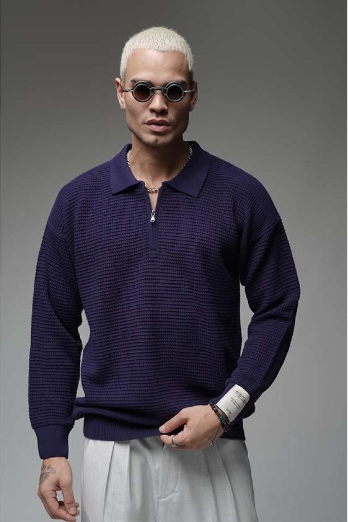 Polo Yaka Yarım Fermuarlı Oversize Kalıp Triko Kazak S