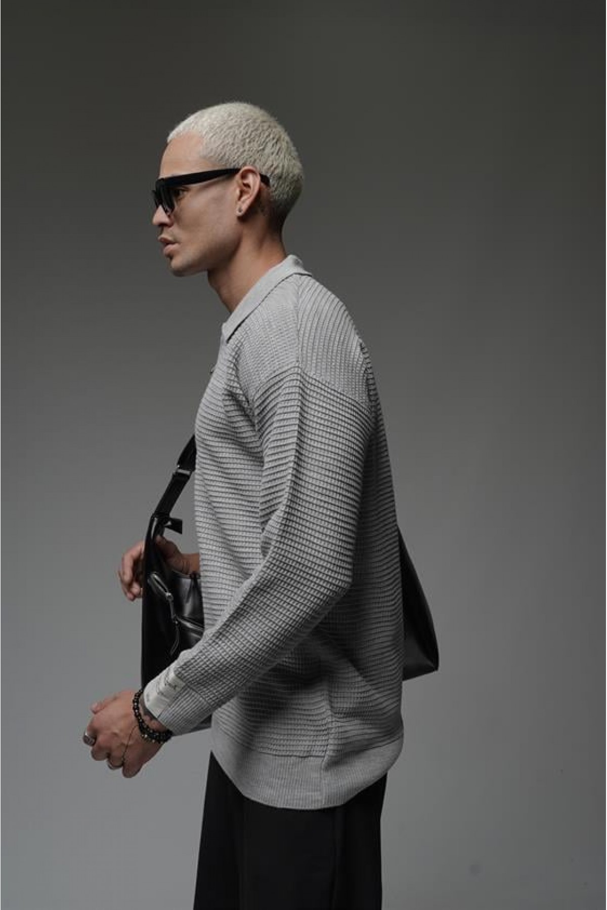 Polo Yaka Yarım Fermuarlı Oversize Kalıp Triko Kazak S