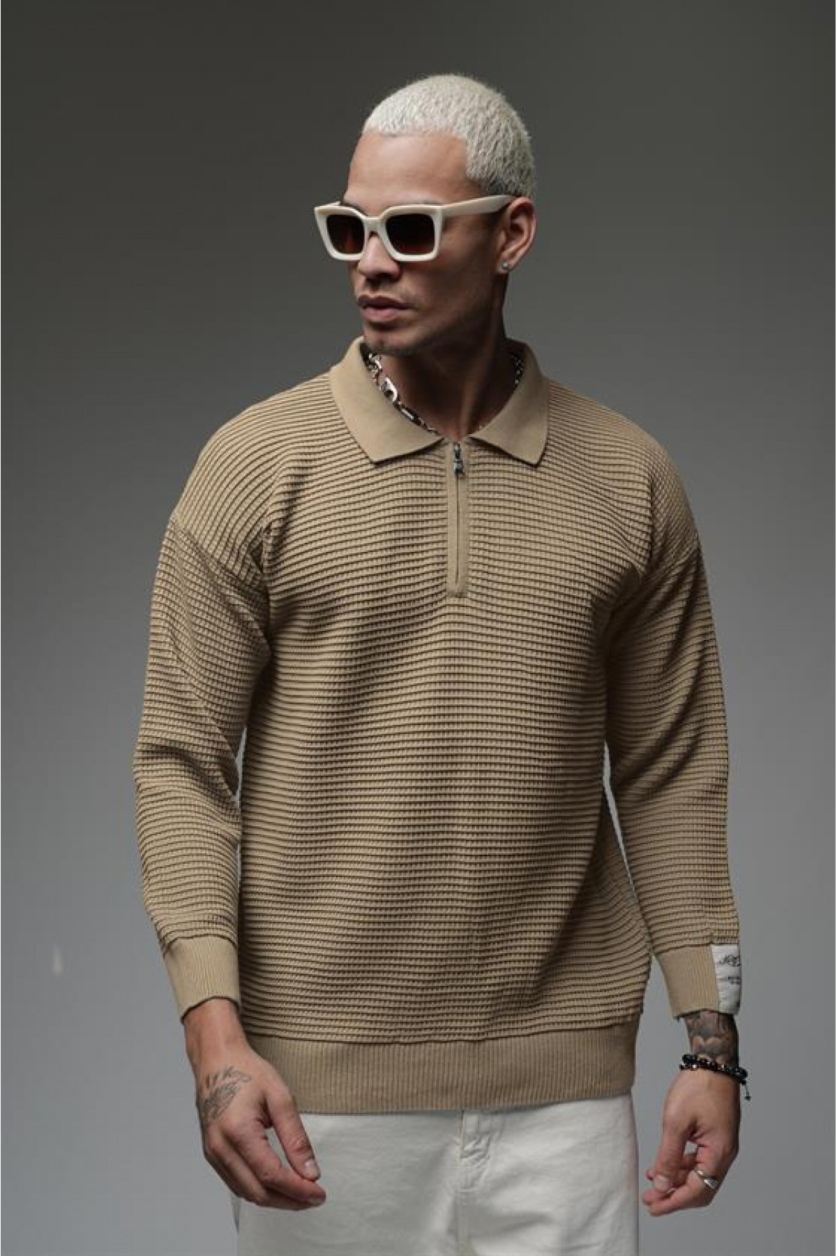 Polo Yaka Yarım Fermuarlı Oversize Kalıp Triko Kazak S