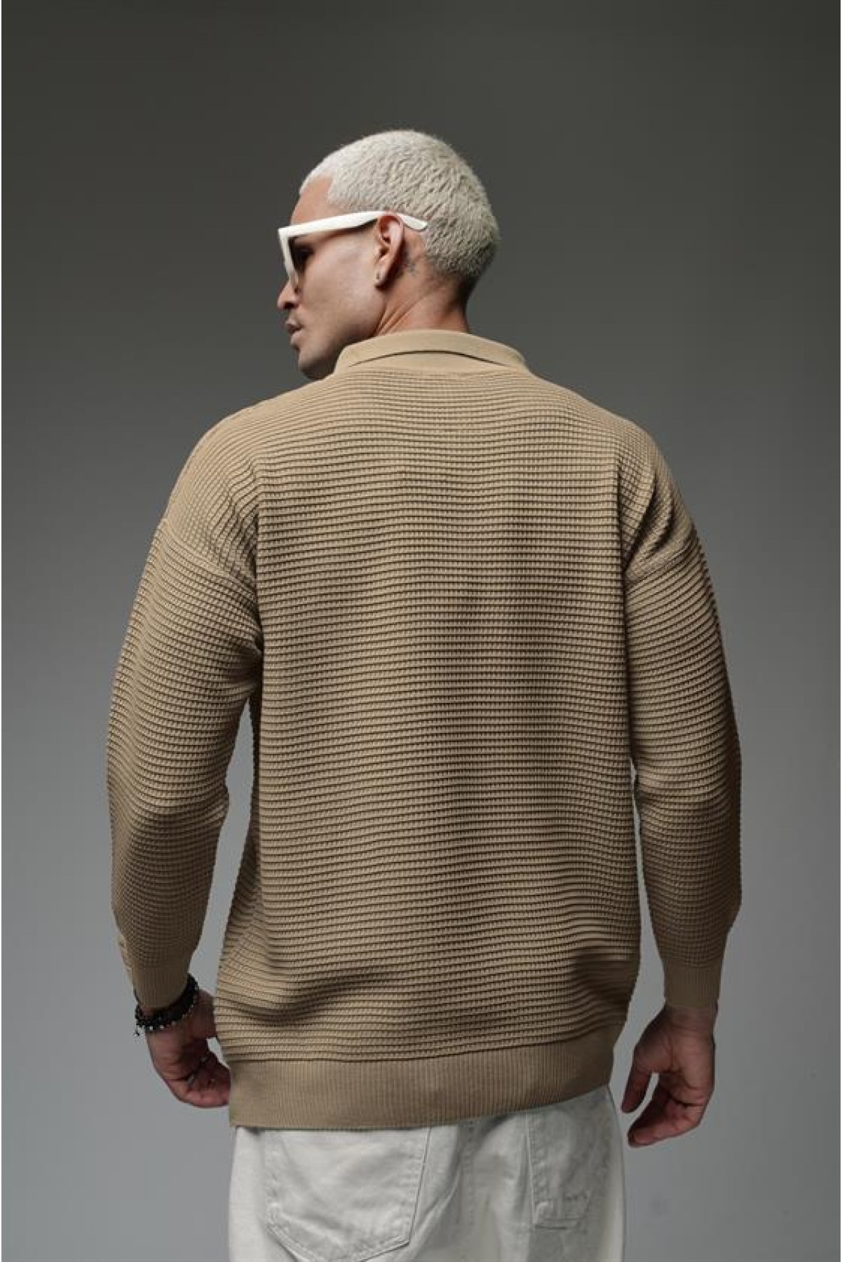 Polo Yaka Yarım Fermuarlı Oversize Kalıp Triko Kazak S