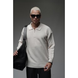 Polo Yaka Yarım Fermuarlı Oversize Kalıp Triko Kazak S