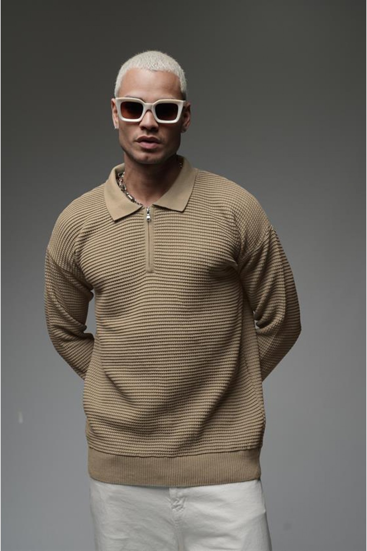 Polo Yaka Yarım Fermuarlı Oversize Kalıp Triko Kazak S