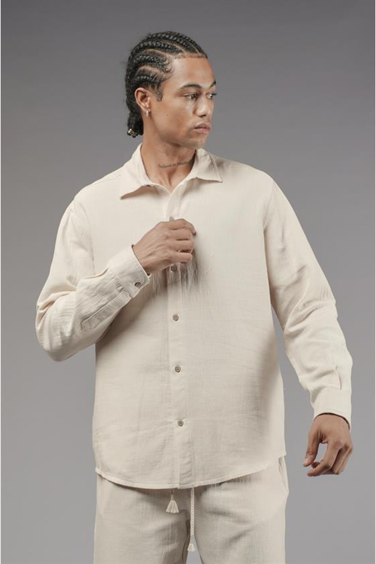 Regular Kalıp Müslin Kumaş Uzun Kol Erkek Gömlek S