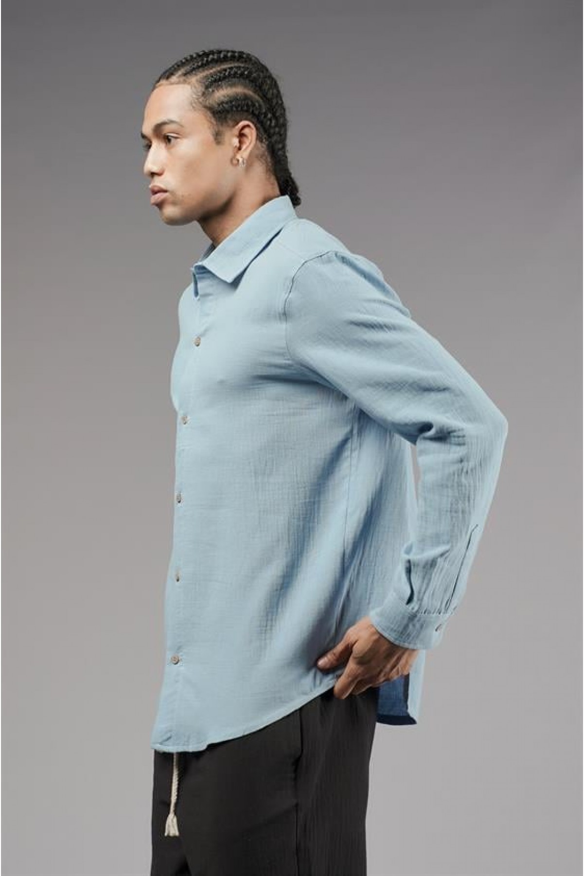 Regular Kalıp Müslin Kumaş Uzun Kol Erkek Gömlek S