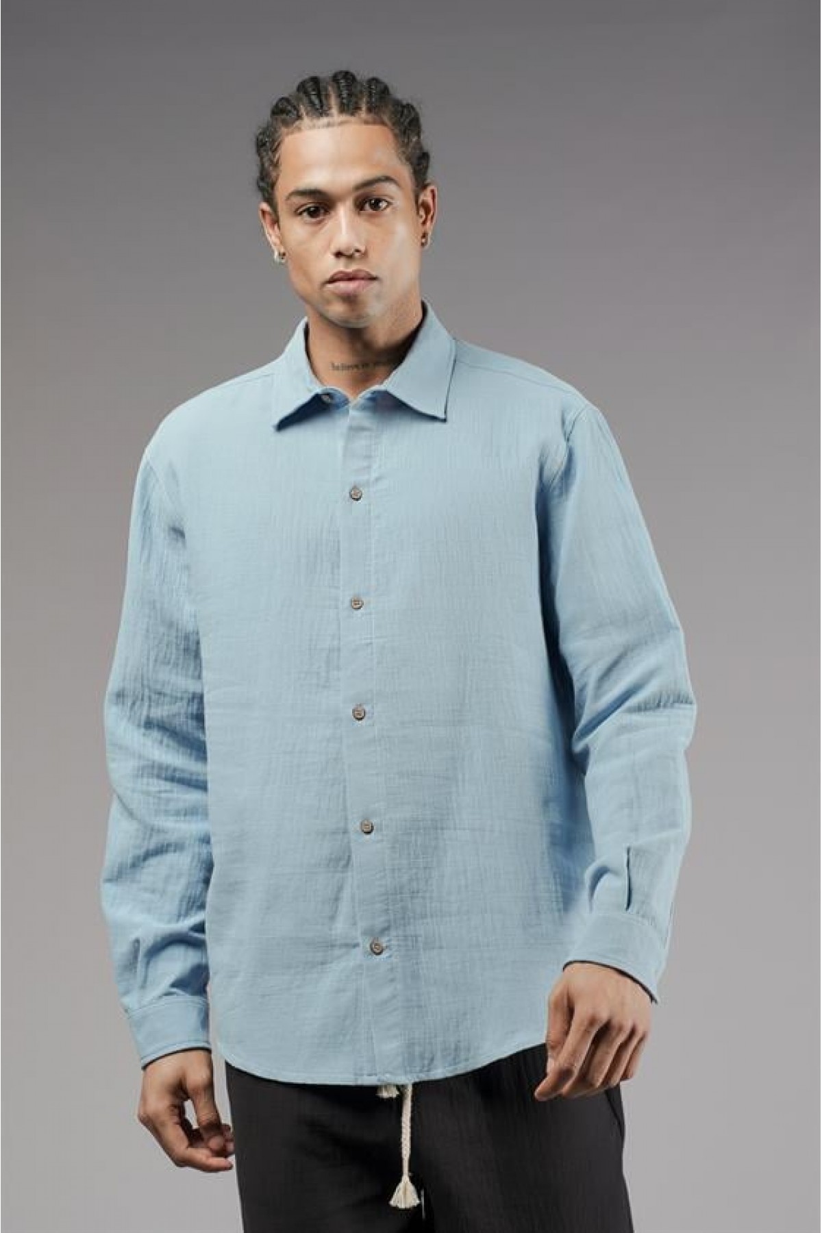 Regular Kalıp Müslin Kumaş Uzun Kol Erkek Gömlek S