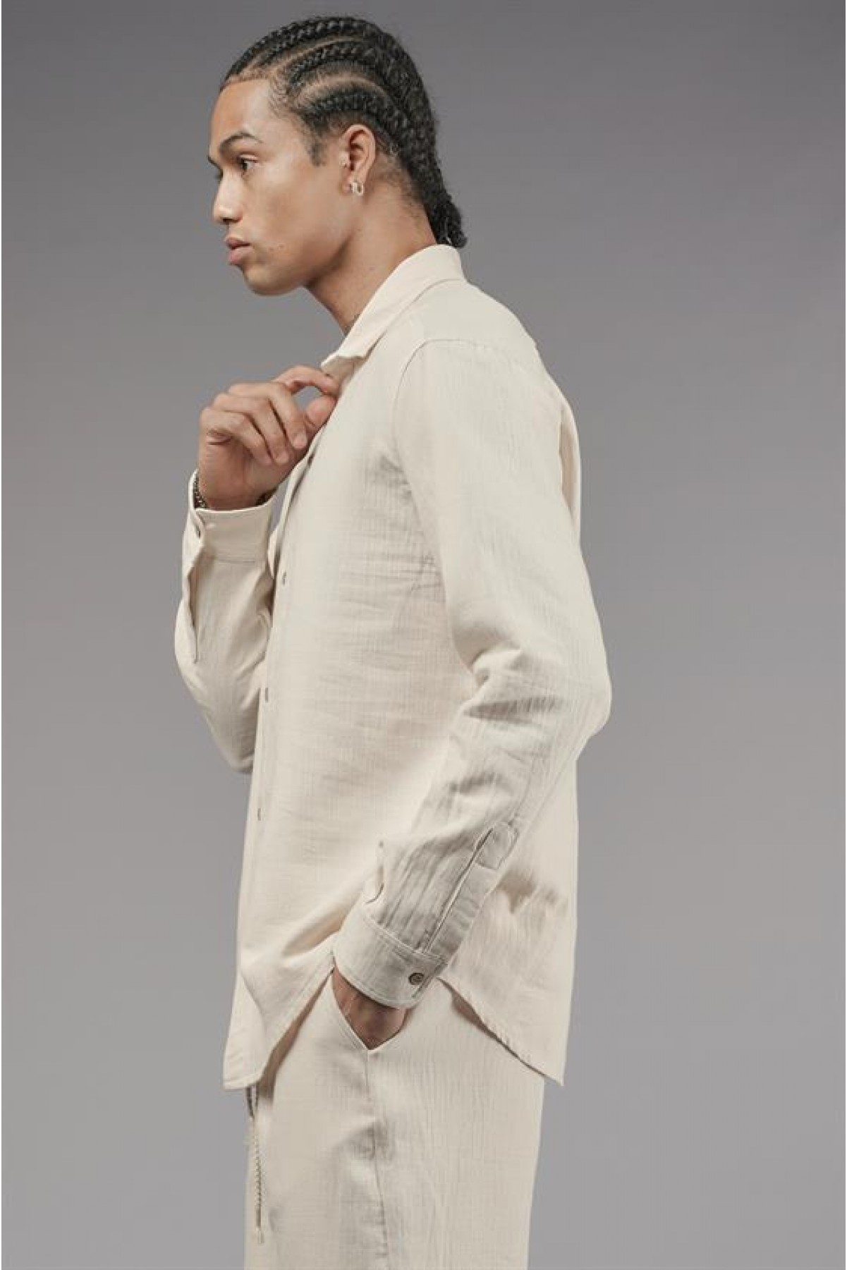 Regular Kalıp Müslin Kumaş Uzun Kol Erkek Gömlek S