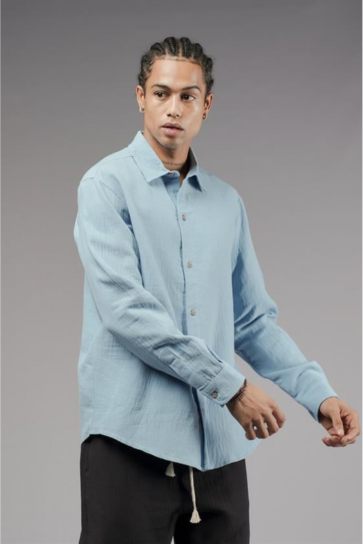 Regular Kalıp Müslin Kumaş Uzun Kol Erkek Gömlek S