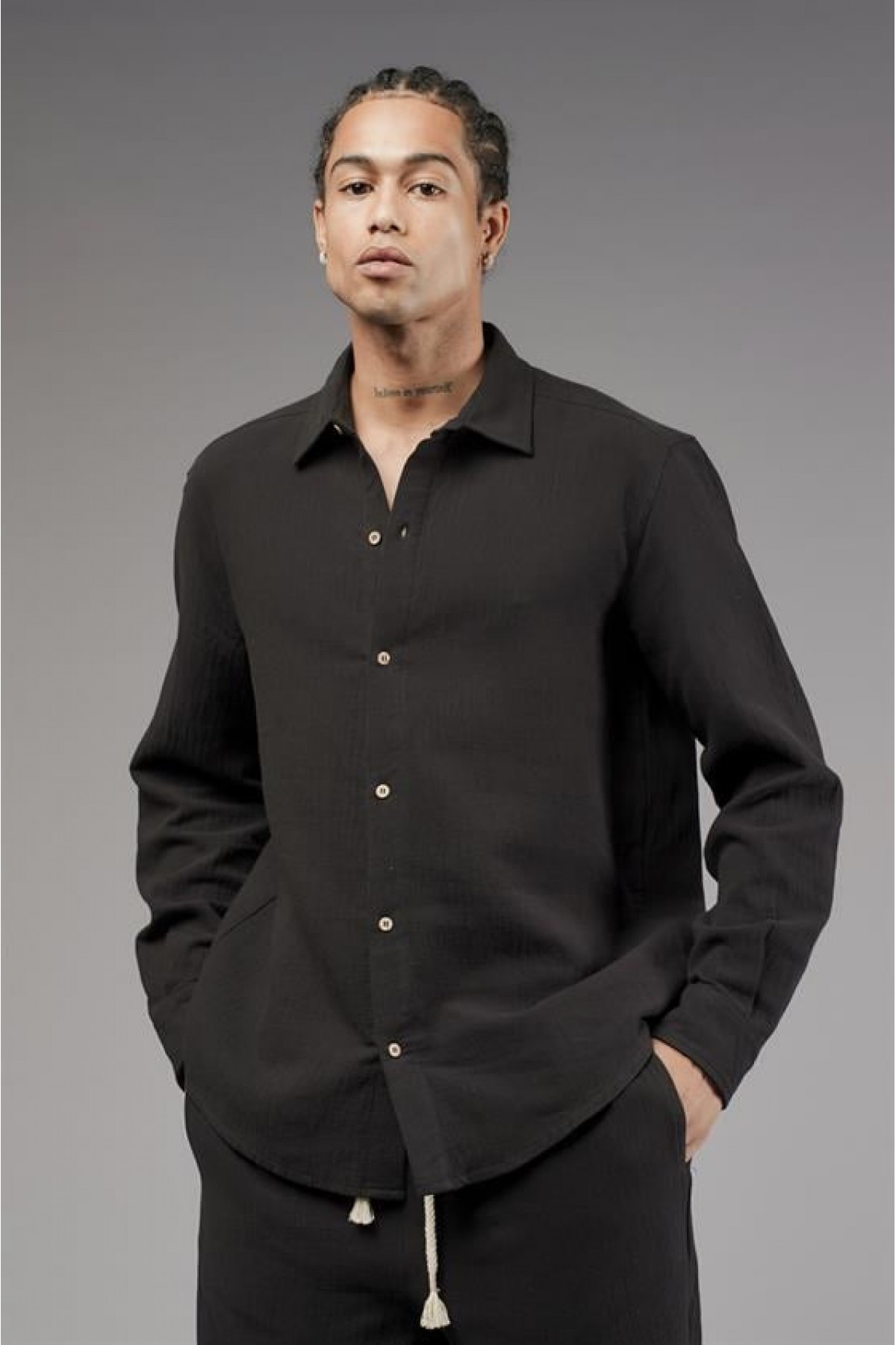 Regular Kalıp Müslin Kumaş Uzun Kol Erkek Gömlek S