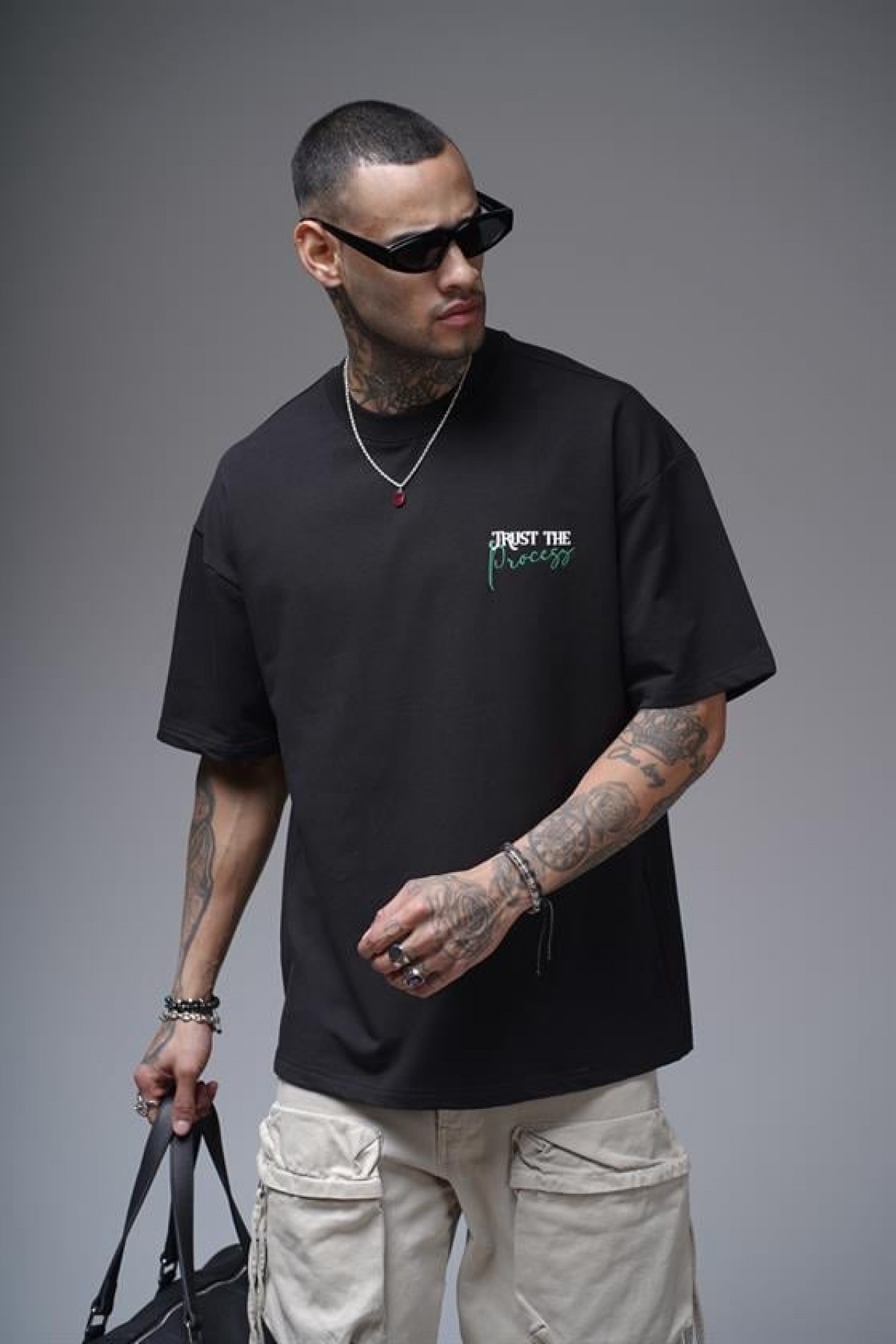 Sırtı Garnili Nakış Detaylı Baskılı Oversize Kalıp Unisex Tişört S