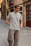 Slim Fit Kalıp Kolu Ribanalı Basic %100 Pamuklu Tişört S