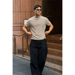 Slim Fit Kalıp Kolu Ribanalı Basic %100 Pamuklu Tişört S