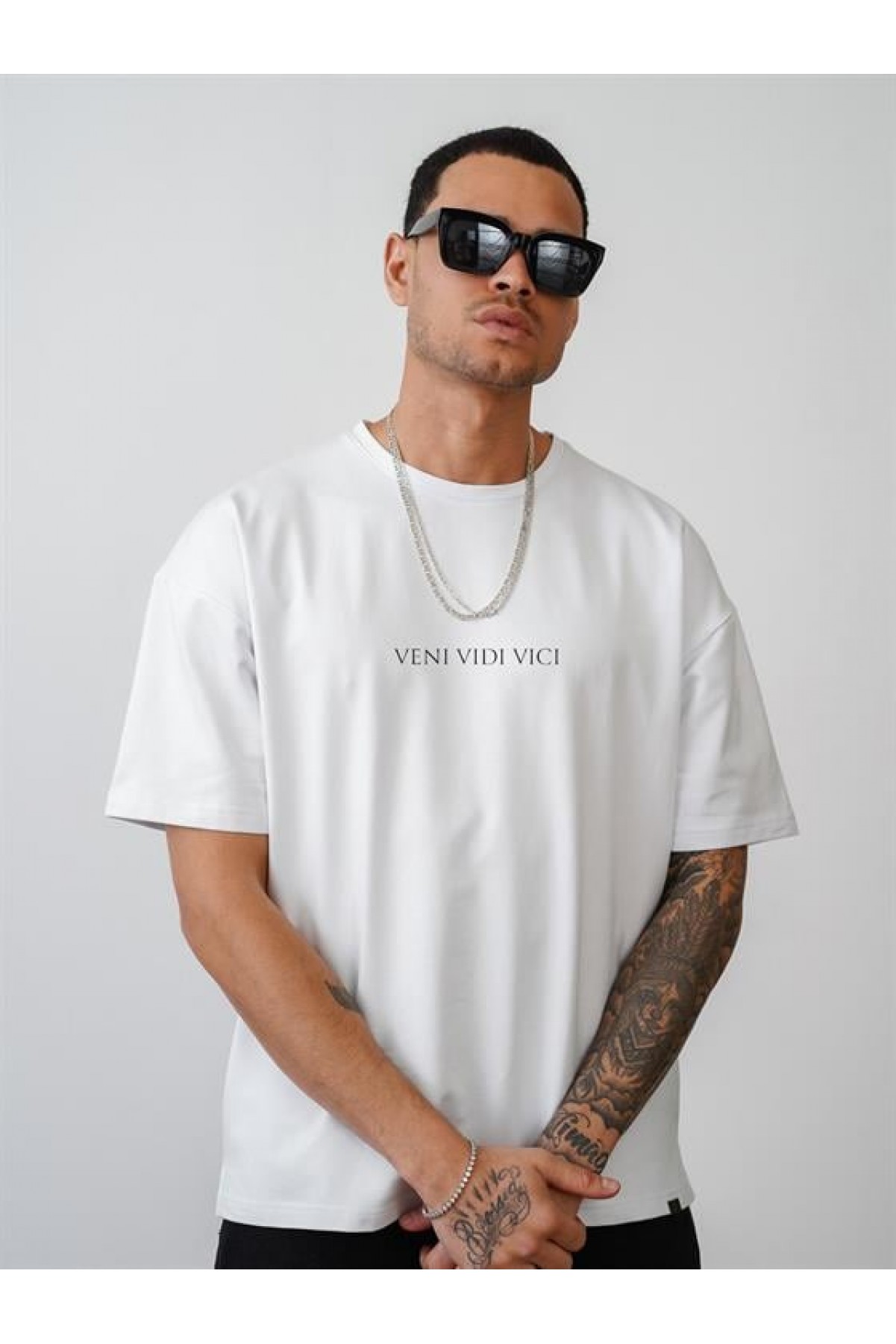 Veni Vidi Vici Baskılı Unisex Oversize Kalıp Tişört S