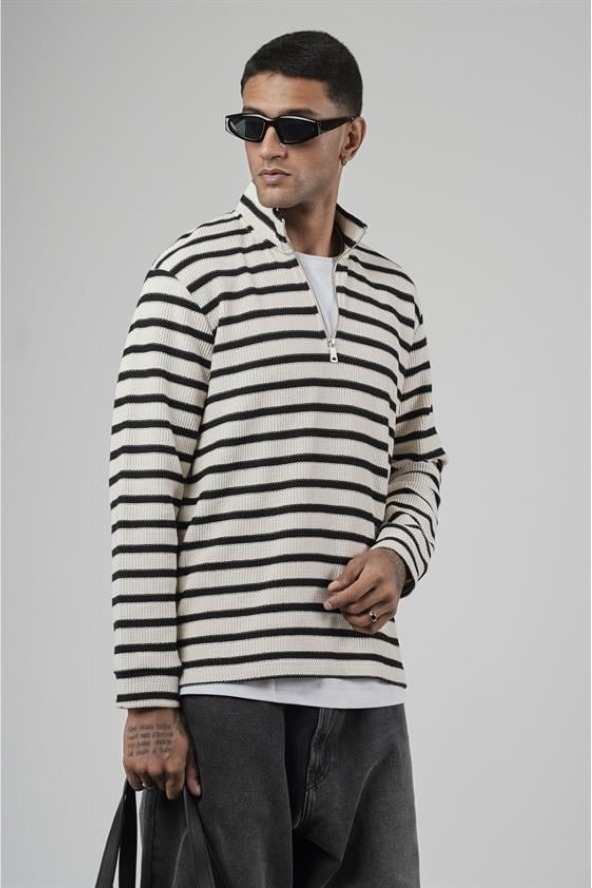 Yarım Fermuarlı Çizgili Regular Kalıp Jakarlı Sweatshirt S