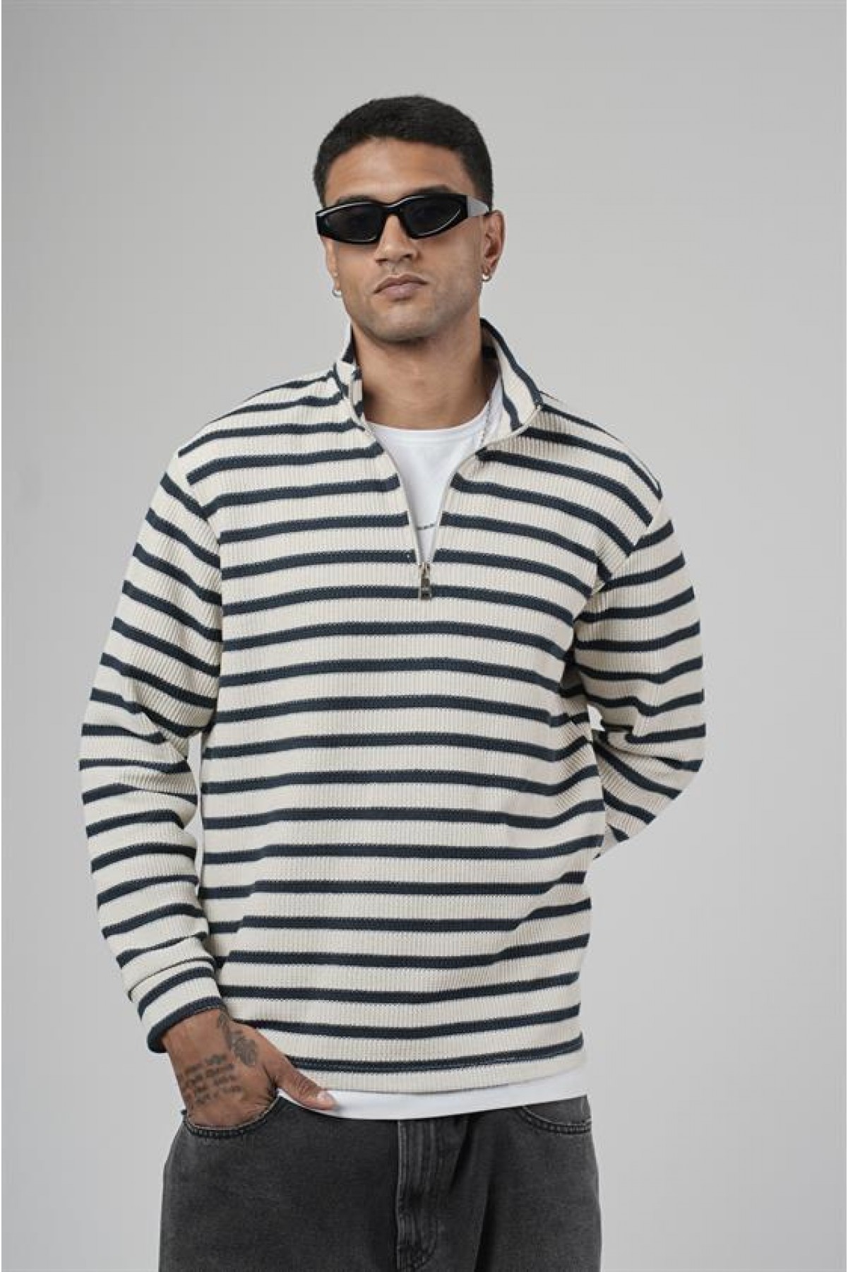 Yarım Fermuarlı Çizgili Regular Kalıp Jakarlı Sweatshirt S