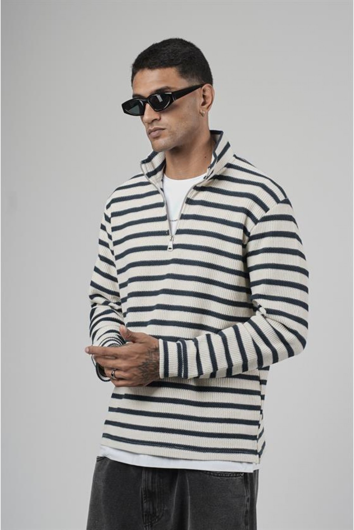 Yarım Fermuarlı Çizgili Regular Kalıp Jakarlı Sweatshirt S