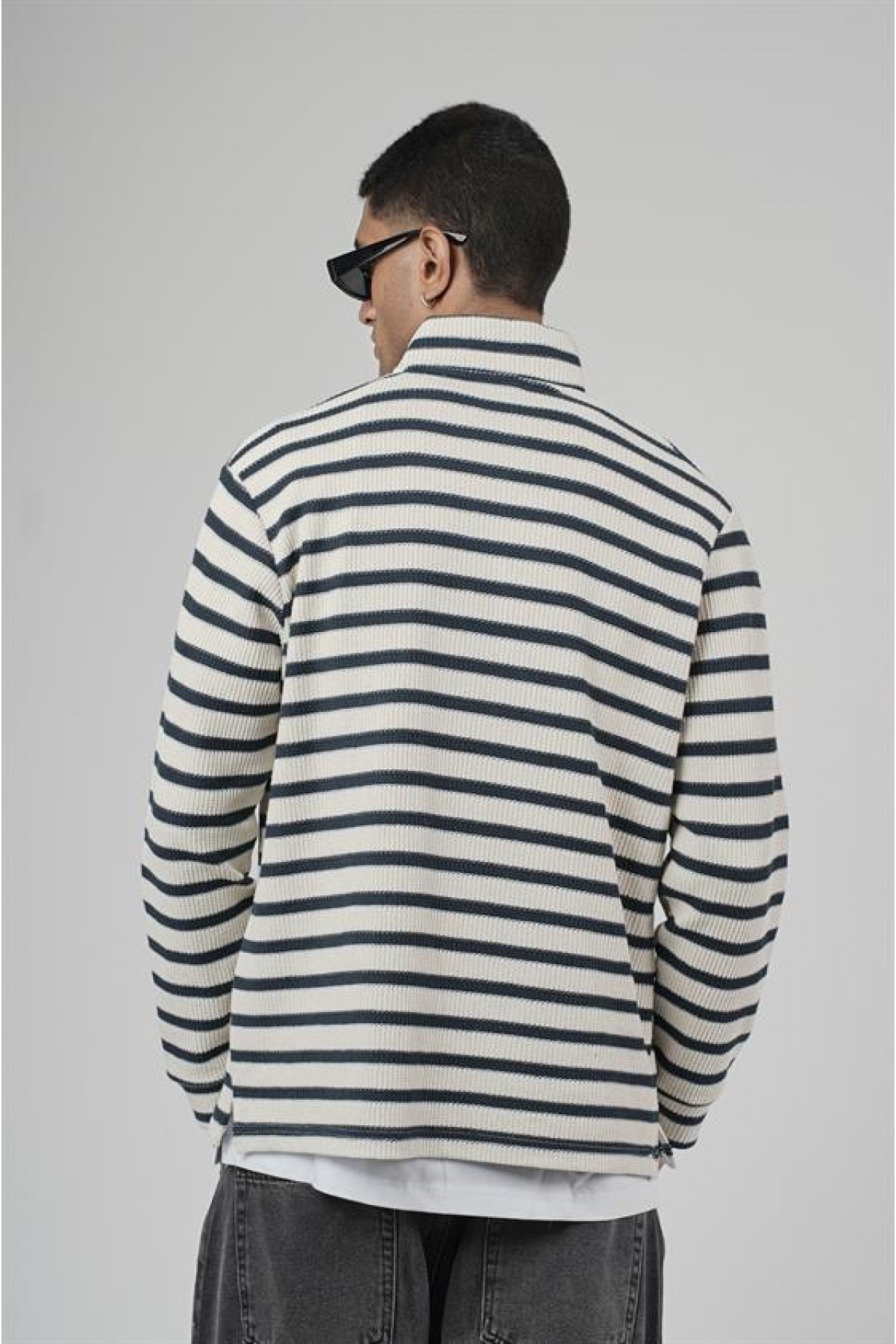 Yarım Fermuarlı Çizgili Regular Kalıp Jakarlı Sweatshirt S