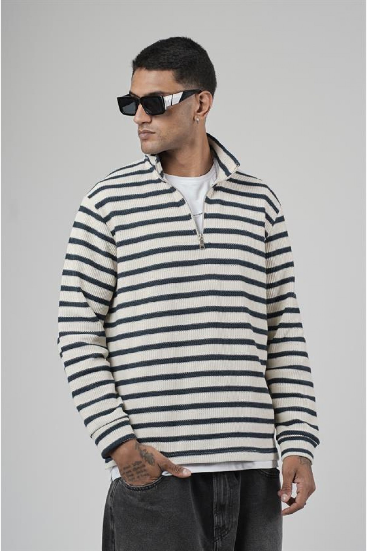 Yarım Fermuarlı Çizgili Regular Kalıp Jakarlı Sweatshirt S