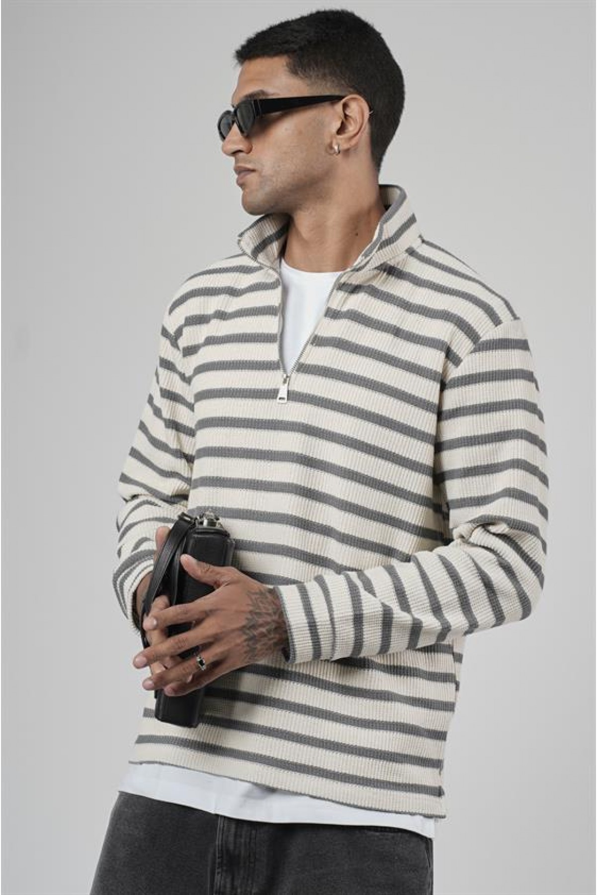 Yarım Fermuarlı Çizgili Regular Kalıp Jakarlı Sweatshirt S