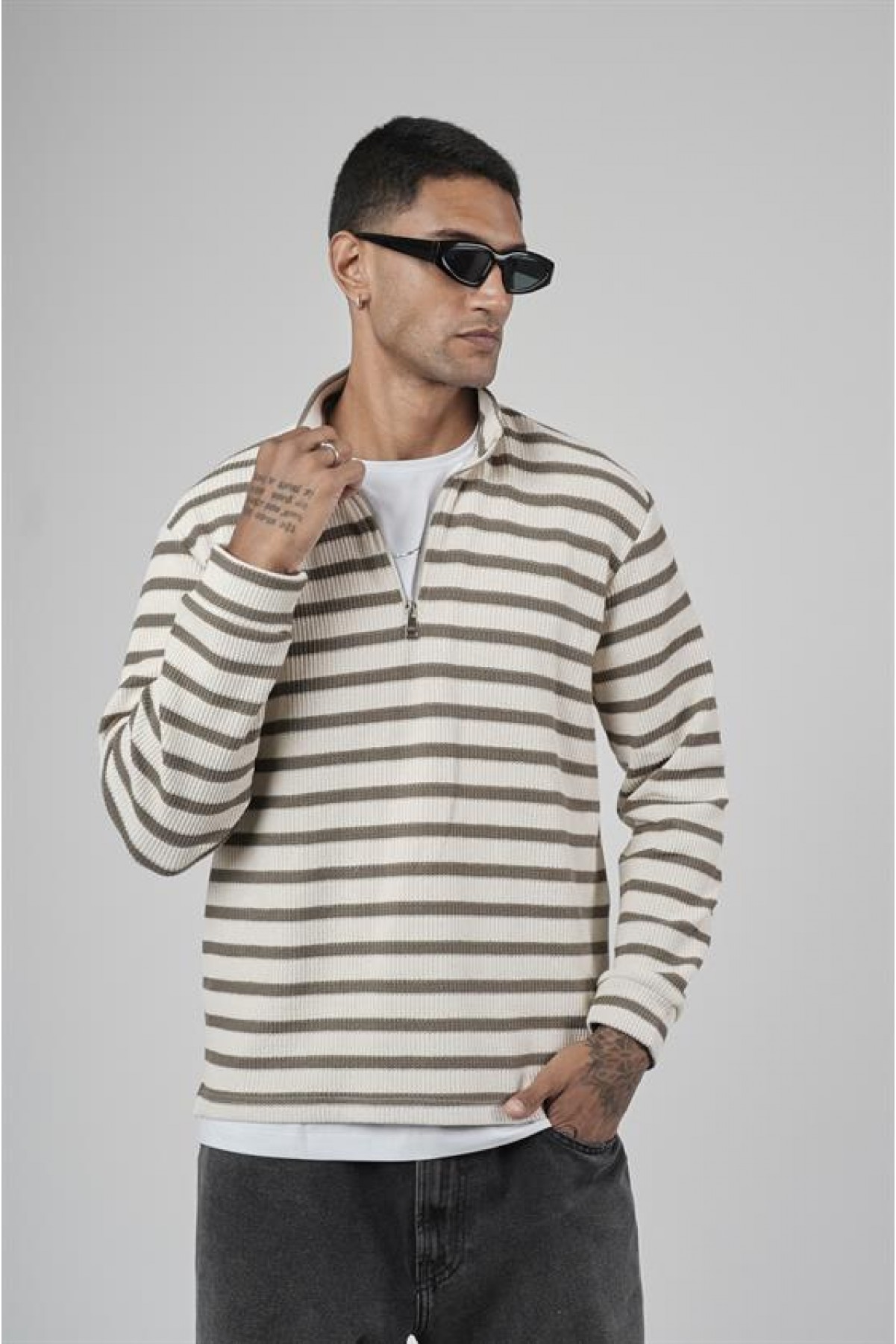 Yarım Fermuarlı Çizgili Regular Kalıp Jakarlı Sweatshirt S