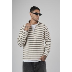 Yarım Fermuarlı Çizgili Regular Kalıp Jakarlı Sweatshirt S