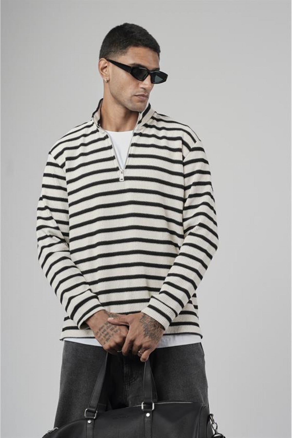 Yarım Fermuarlı Çizgili Regular Kalıp Jakarlı Sweatshirt S