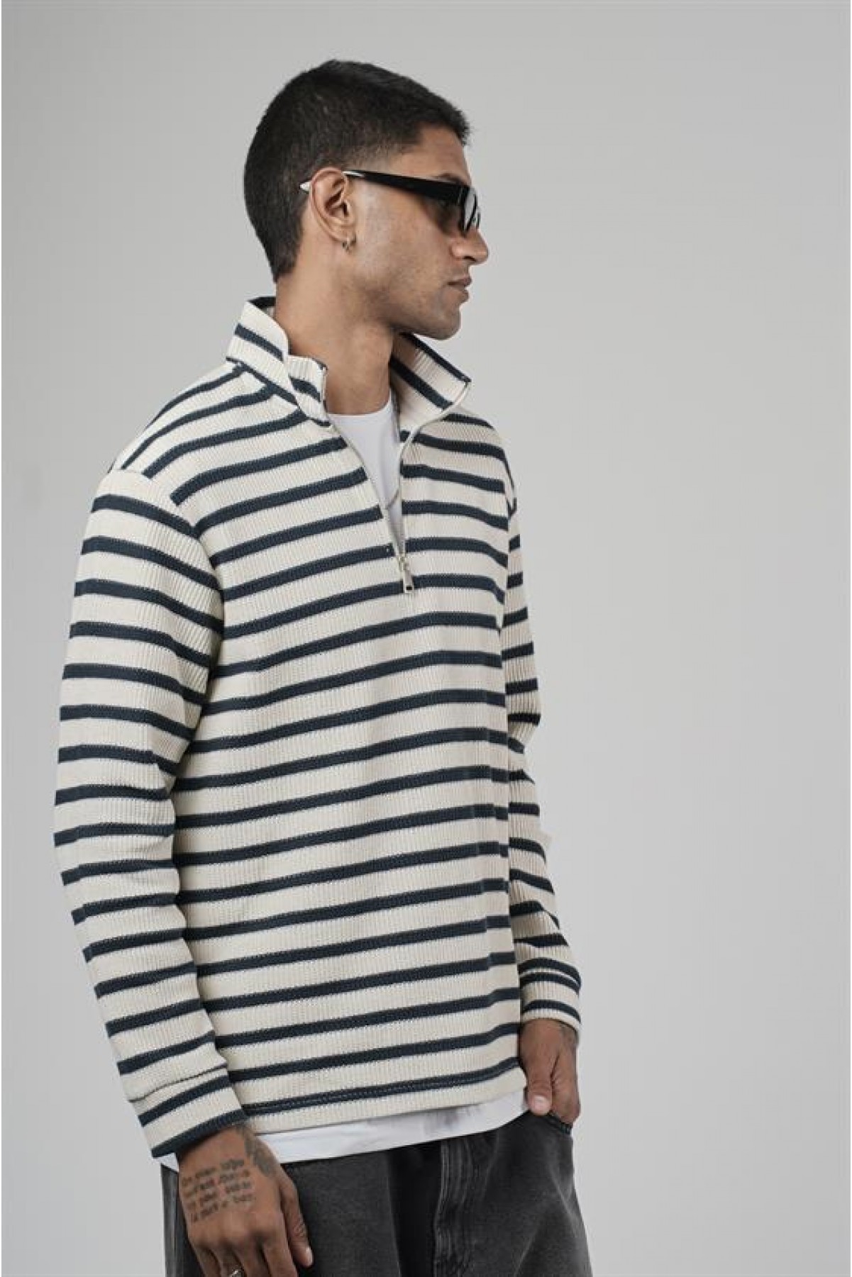 Yarım Fermuarlı Çizgili Regular Kalıp Jakarlı Sweatshirt S