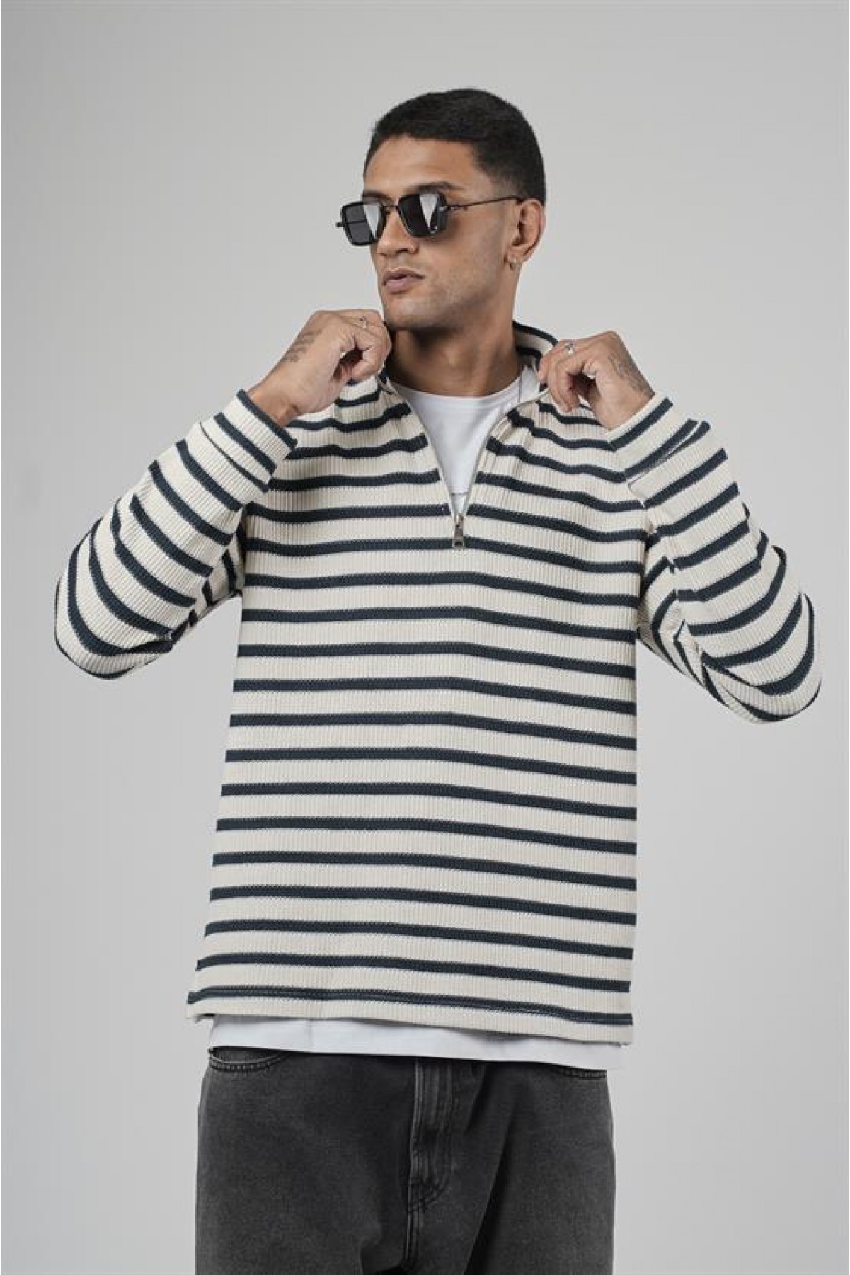 Yarım Fermuarlı Çizgili Regular Kalıp Jakarlı Sweatshirt S