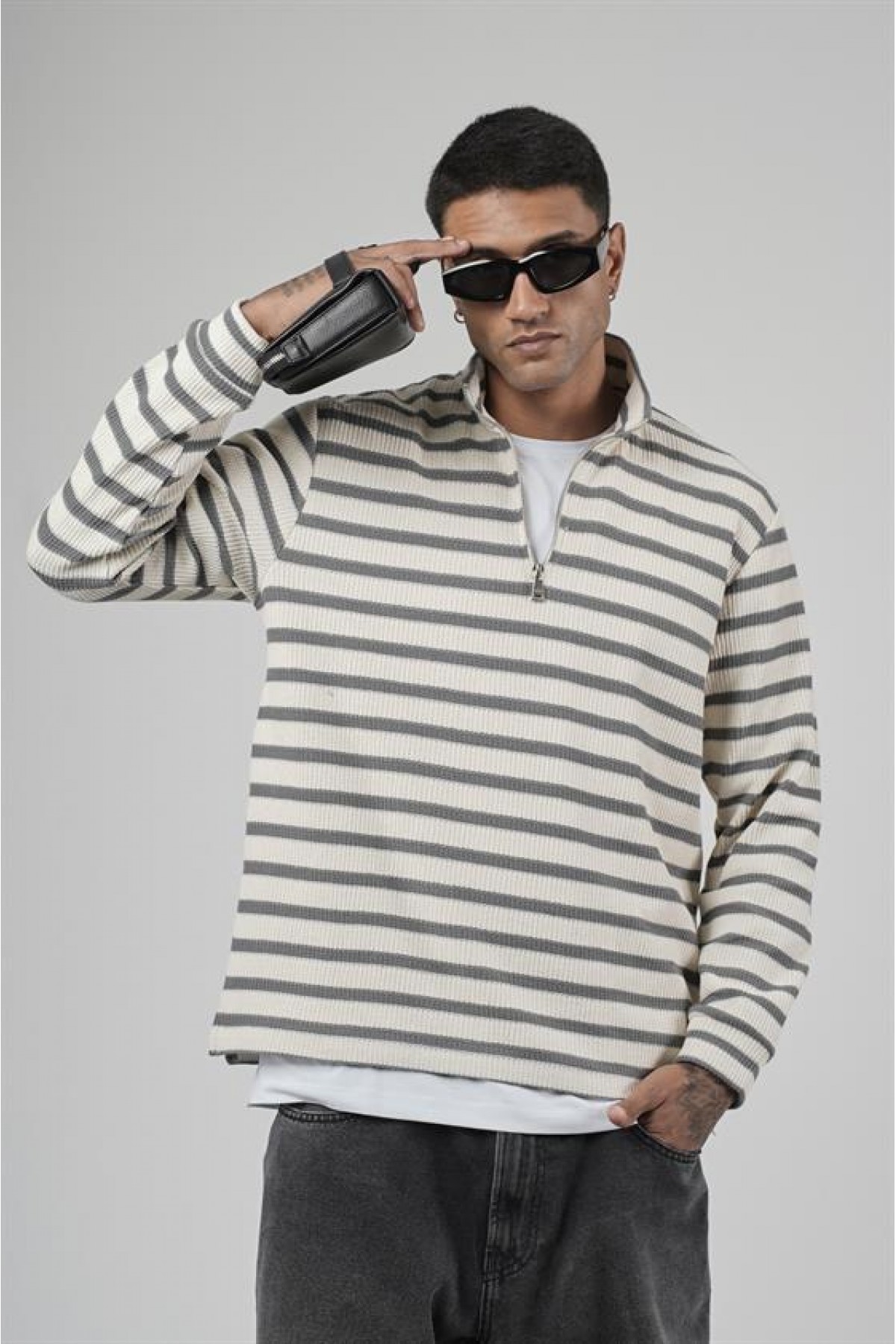 Yarım Fermuarlı Çizgili Regular Kalıp Jakarlı Sweatshirt S