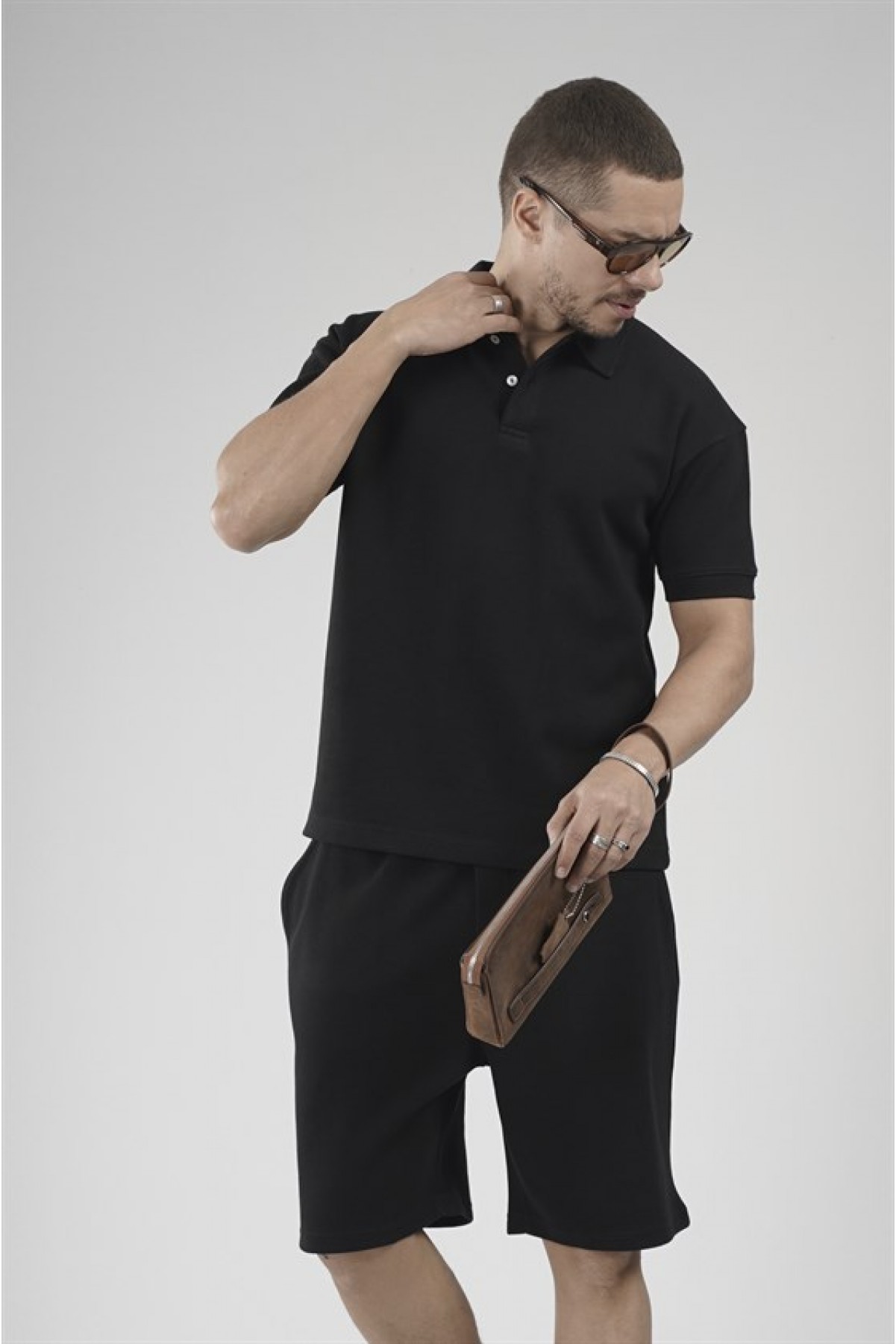 Yarım Oversize Kalıp Polo Yaka Erkek Şort Takım S