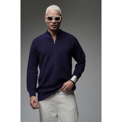 Yarım Yaka Fermuarlı Oversize Kalıp Jakar Triko Kazak S