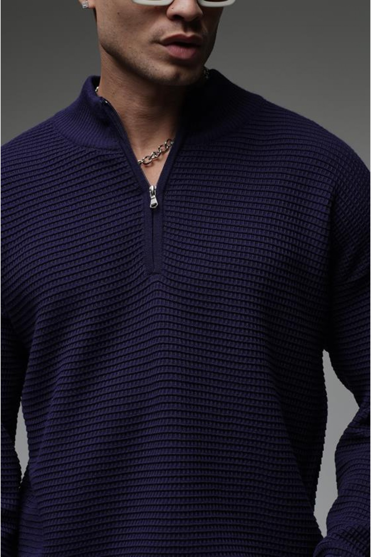 Yarım Yaka Fermuarlı Oversize Kalıp Jakar Triko Kazak S