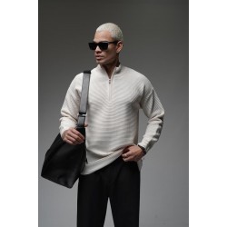 Yarım Yaka Fermuarlı Oversize Kalıp Jakar Triko Kazak S