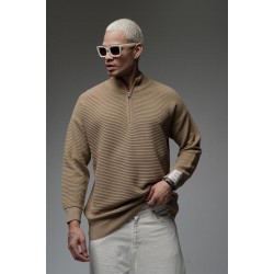 Yarım Yaka Fermuarlı Oversize Kalıp Jakar Triko Kazak S