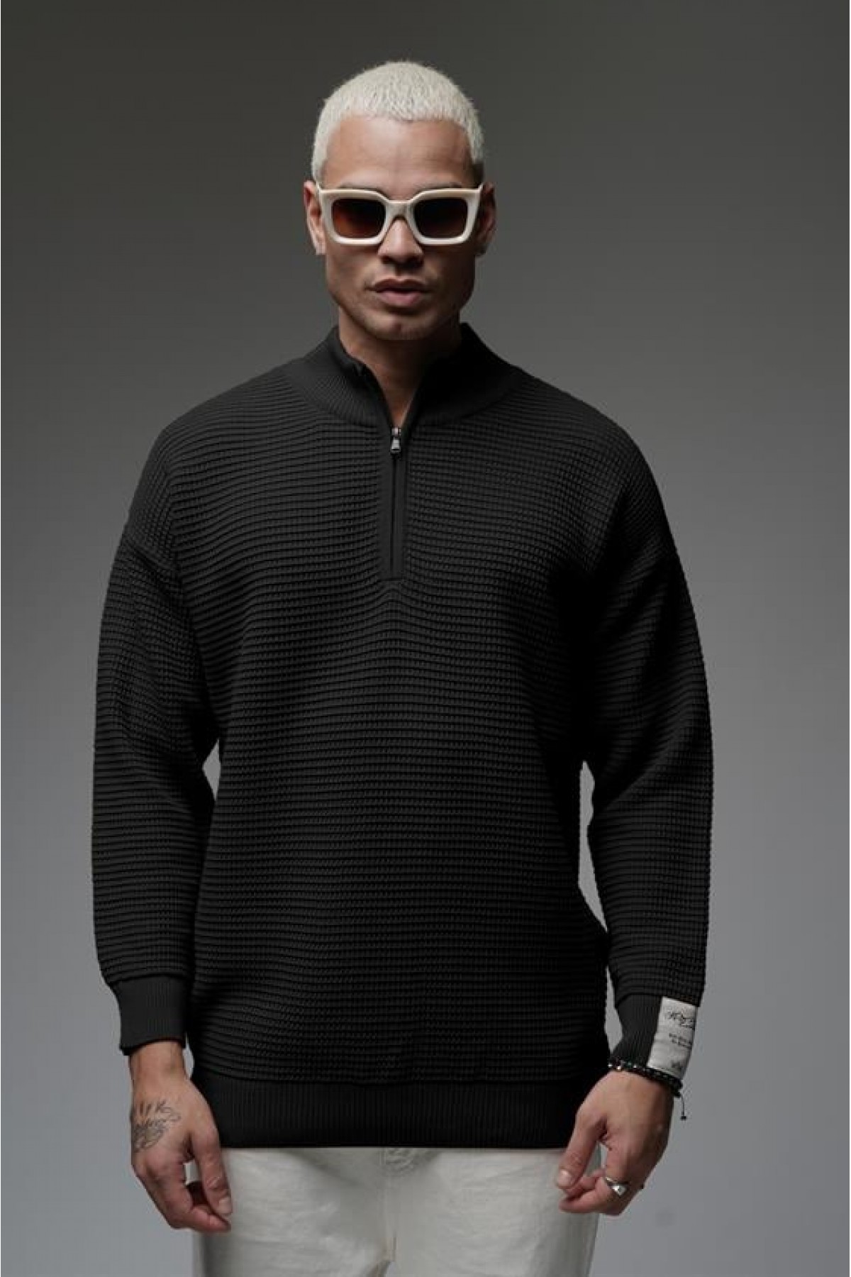 Yarım Yaka Fermuarlı Oversize Kalıp Jakar Triko Kazak S