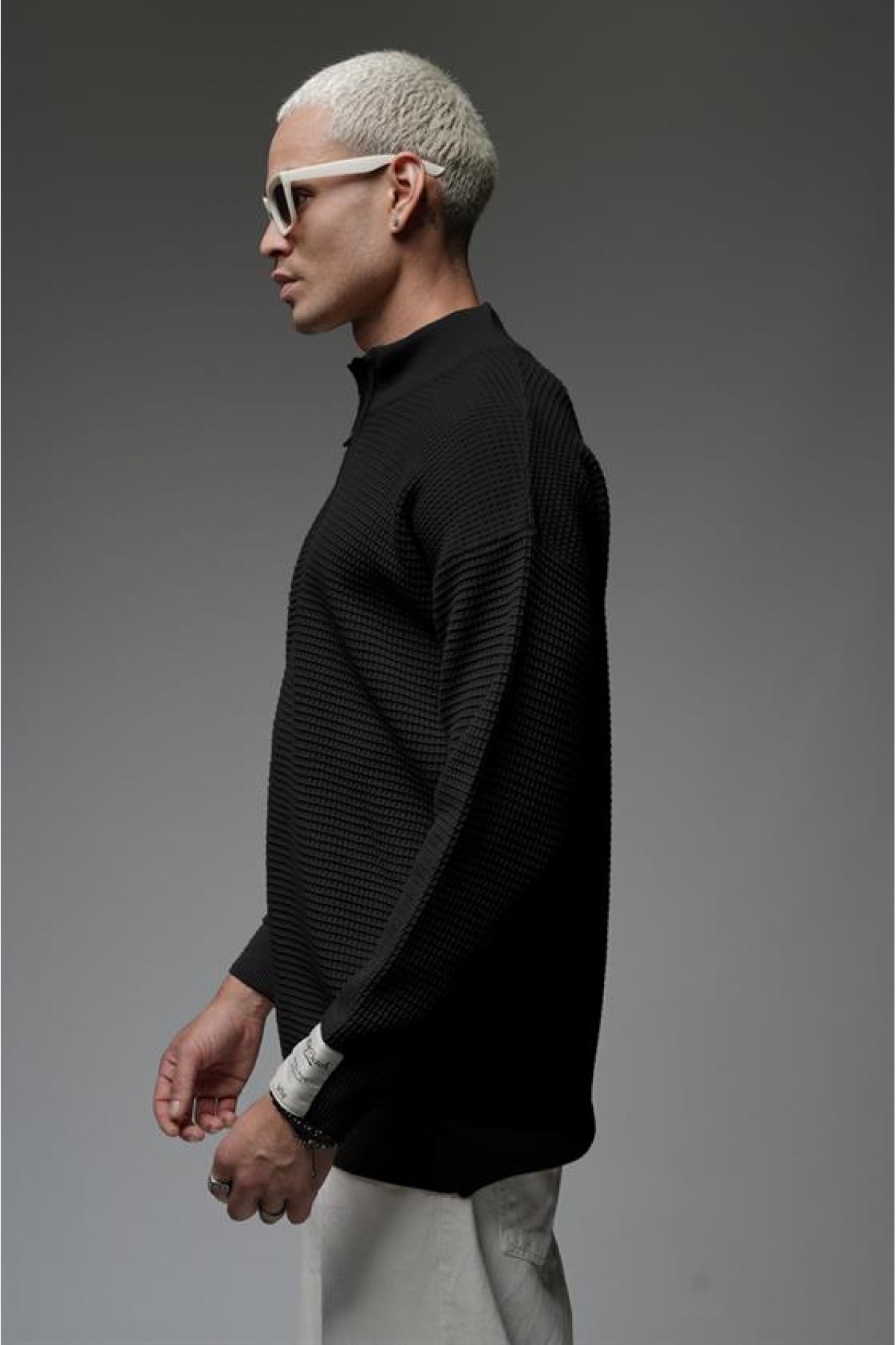 Yarım Yaka Fermuarlı Oversize Kalıp Jakar Triko Kazak S