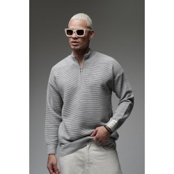 Yarım Yaka Fermuarlı Oversize Kalıp Jakar Triko Kazak S