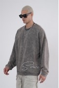Yıkamalı Oversize Kalıp Nakışlı Sweatshirt S
