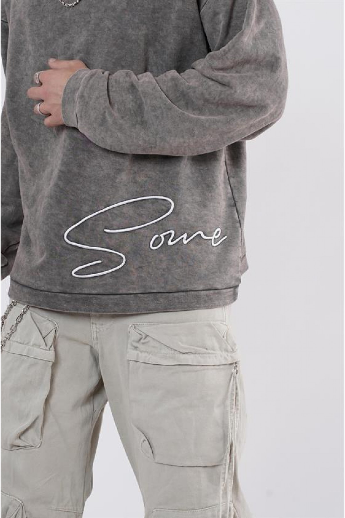 Yıkamalı Oversize Kalıp Nakışlı Sweatshirt S