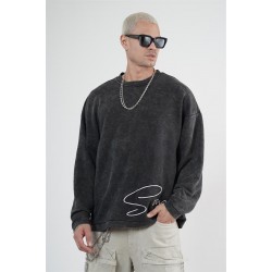 Yıkamalı Oversize Kalıp Nakışlı Sweatshirt S
