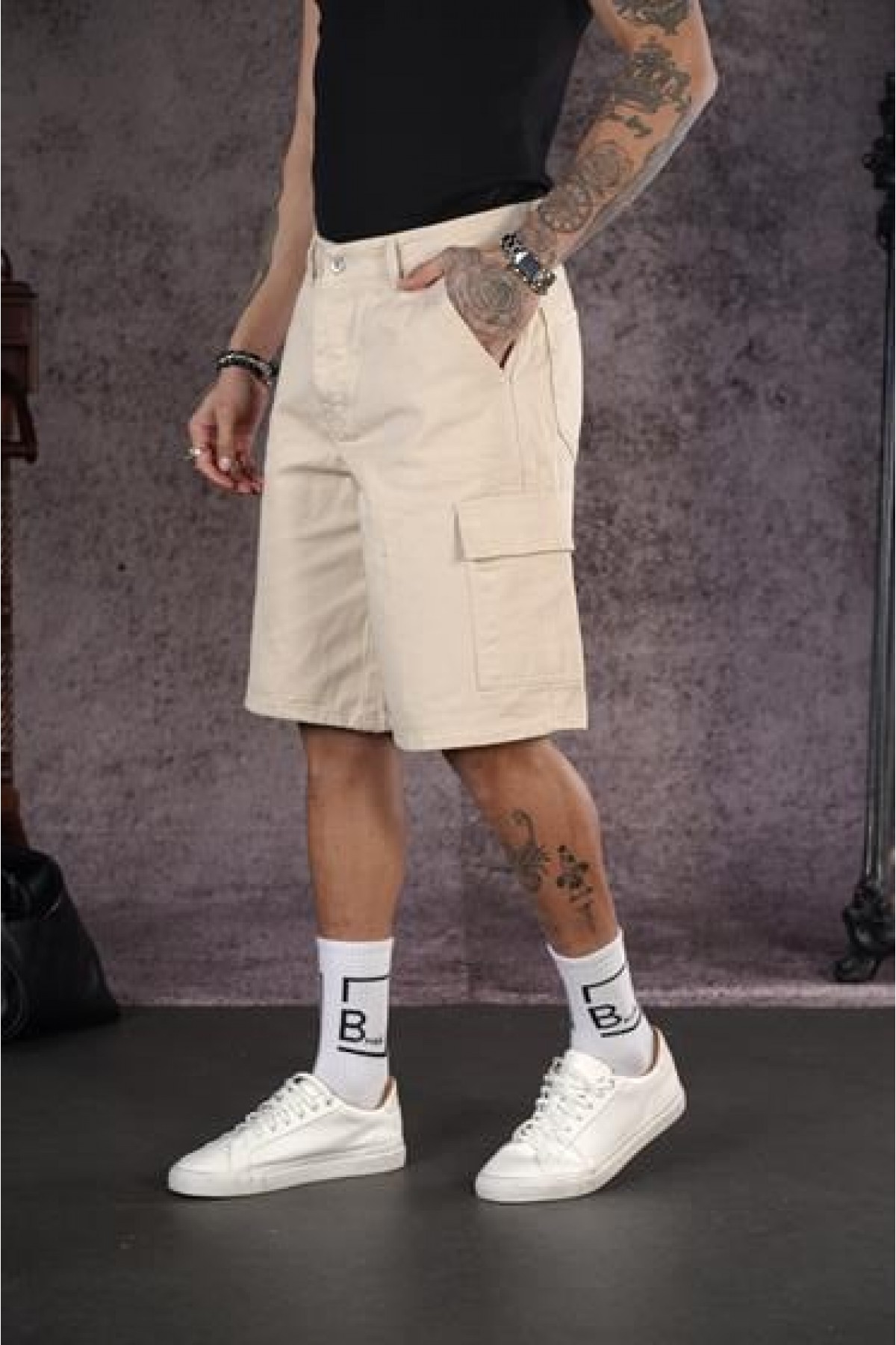 Yüksek Bel Kargo Cepli Erkek Kot Kapri Şort 29